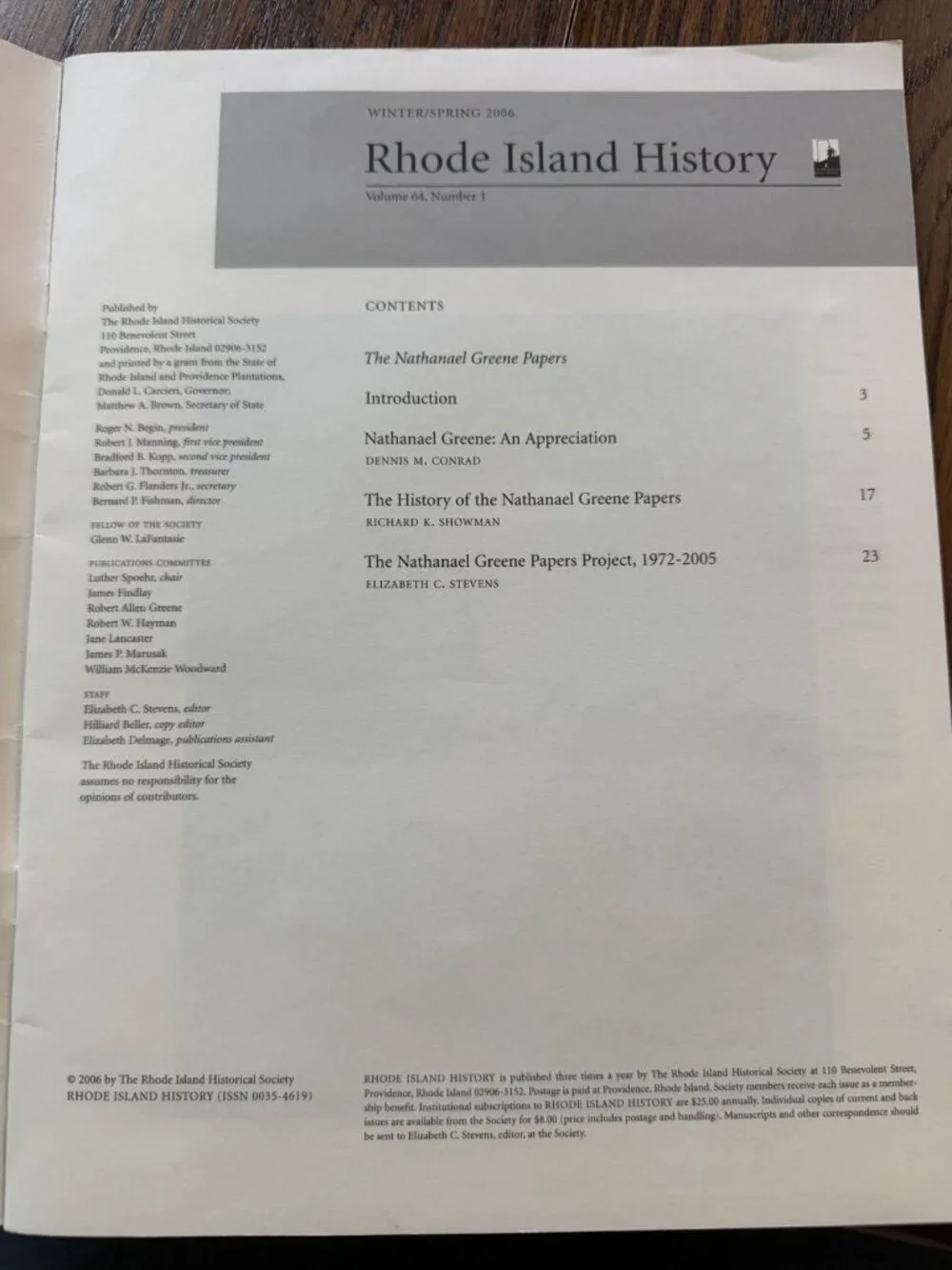 Rhode Island Historical Society Volume 64, Issue 1 2006